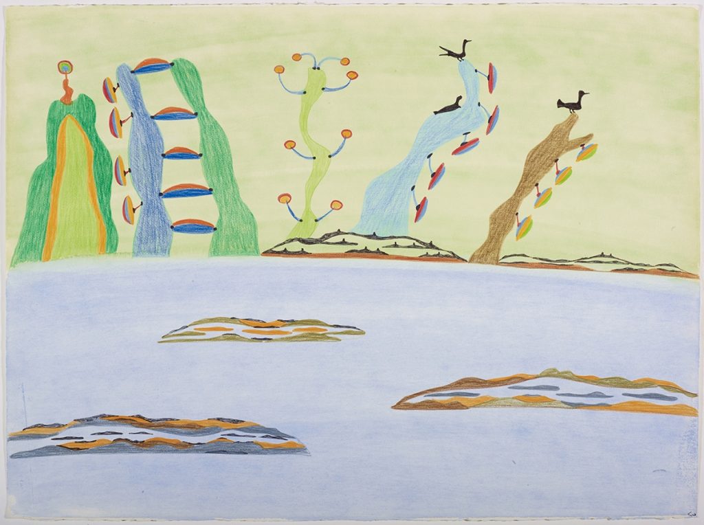 Surreal landscape with three islands in the forground and five large organic shapes towering over small