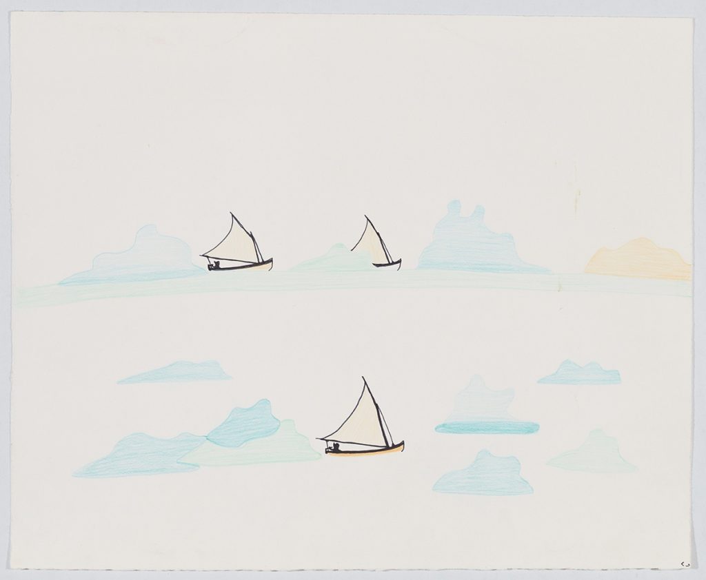 Trois voiliers entourés de gros blocs de glace et un soleil couchant sur le côté droit de la page. Œuvre bidimensionnelle exécutée en bleu, jaune et noir.