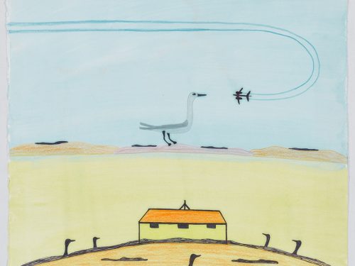 Scene depicting a very large bid standing on the horizon while an airplan fly towards it. A building with fiver other small birds surround a section of land nead the structure in the foreground. Presented in a flat