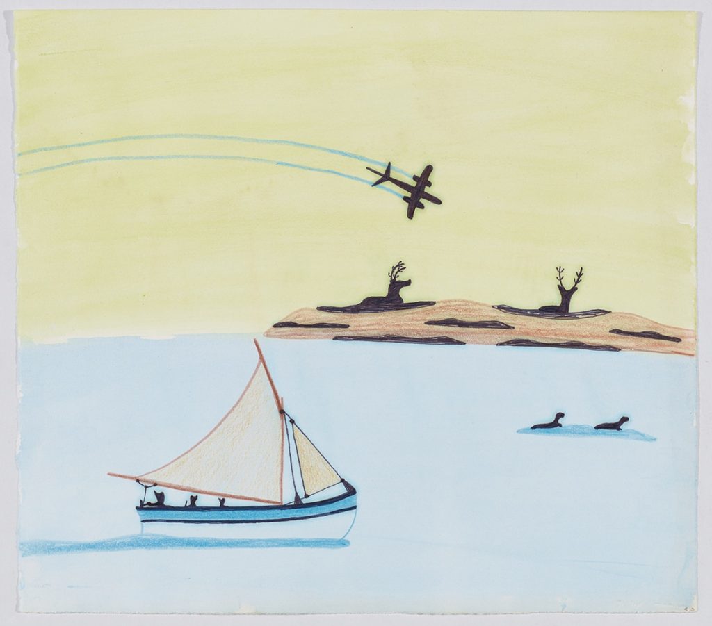 Seascape depicting a sailboat carrying three human figures near two seals laying on a piece of ice and two caribou rest on a rocky shoreline with an airplane flying overhead in the background. Scene presented in a flat