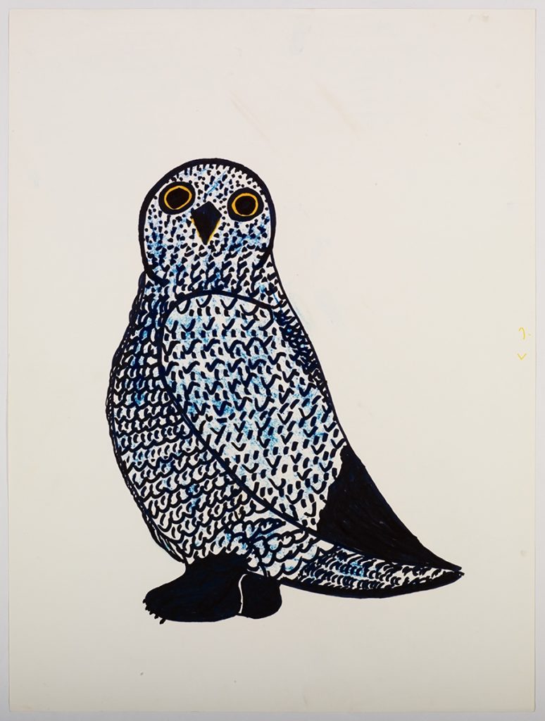 One owl covered in a detailed feather pattern with dark feet and wing tips. Presented in a two-dimensional style using blue