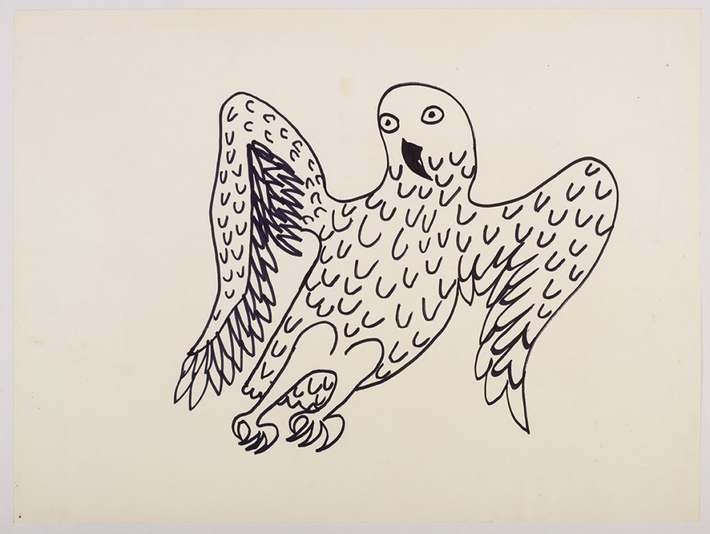 Oiseau stylisé aux ailes à demi-déployées et et au plumage sommairement exécuté. Œuvre bidimensionnelle exécutée en noir.