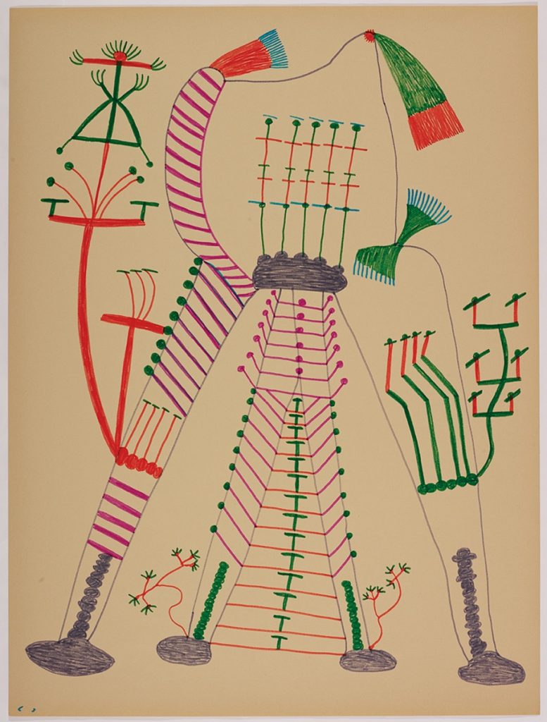 Abstract design depicting a large form that rests on four stone-like bases with many stylized utility poles extending upwards and branching out into new poles. Form presented in a two-dimensional style using grey