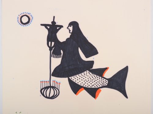 Scene depicting a human-sea-animal hybrid wearing a nun’s habit. They are holding an object with a row of candles on the bottom and Jesus on the cross at the top while facing a circular form in the top right corner. Presented in a two-dimensional style using black