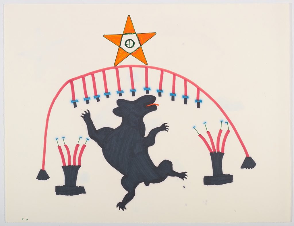 Ours stylisé dressé sur ses pattes sous une arche surmontée d'une grande étoile et flanqué de deux objets abstraits. Œuvre bidimensionnelle exécutée en noir, orange, rouge et bleu.
