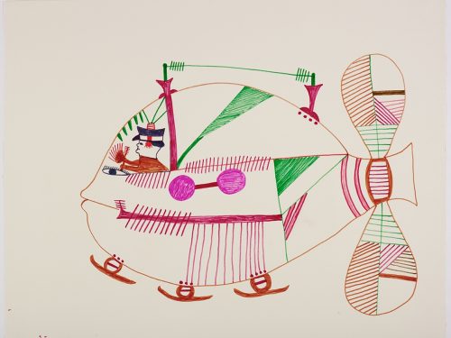 Surreal scene depicting a human figure riding inside a large vehicle with three skies on the bottom and a propeller at the back. The vehicle is covered in geometric patterns and a face at the front facing the left side of the page. Presented in a two dimensional style using green