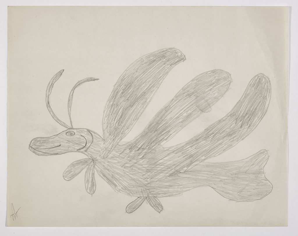 Imaginary flying creature presented in a two-dimensional style and using grey.