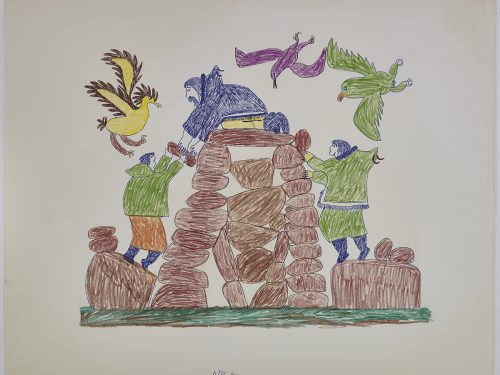 Three humans standing on a rock structure and passing the rocks to each other. Three birds are flying above them. Presented in a two-dimensional style and using blue