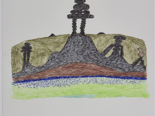 Imaginary landscape depicting four inuksuit on top of a hill in the centre of the page with two other smaller inuksuit on the sides as well as a bird on the right side of the page. Scene presented in a flattened vertical perspective style and using black