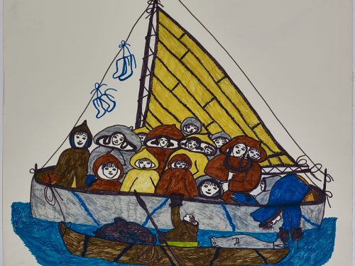 Scene depicting fourteen people on a sailboat