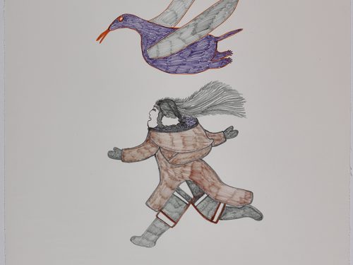 Playful scene depicting one woman wearing an amautik running to the left side of the page and a bird flying above. There are three lines of Inuktitut syllabics in the bottom right corner as well. Presented in a two-dimensional style and using brown