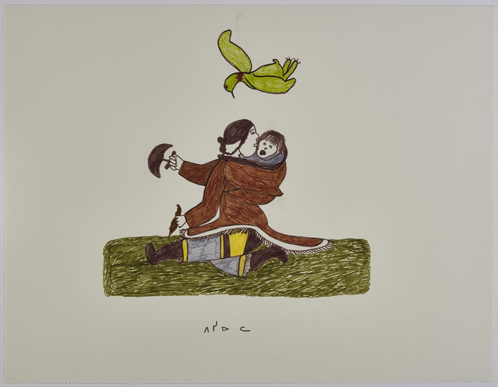 A woman sitting on the ground holding a ulu and another object in her other hand is carrying a baby on her back while is bird flying above them. Presented in a two-dimensional style and using brown