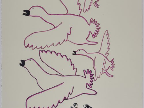 Imaginary design depicting one woman wearing an amautik carrying a child on her back sits below and looks up towards four large birds flying over head. Scene presented in a two-dimensional style and using pink