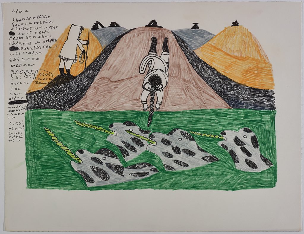 Imaginary landscape that contains two hunters hunting four narwhales near the shoreline with five inuksuit visible on top of the hills in the background. Design presented in a flattened vertical perspective style and using orange