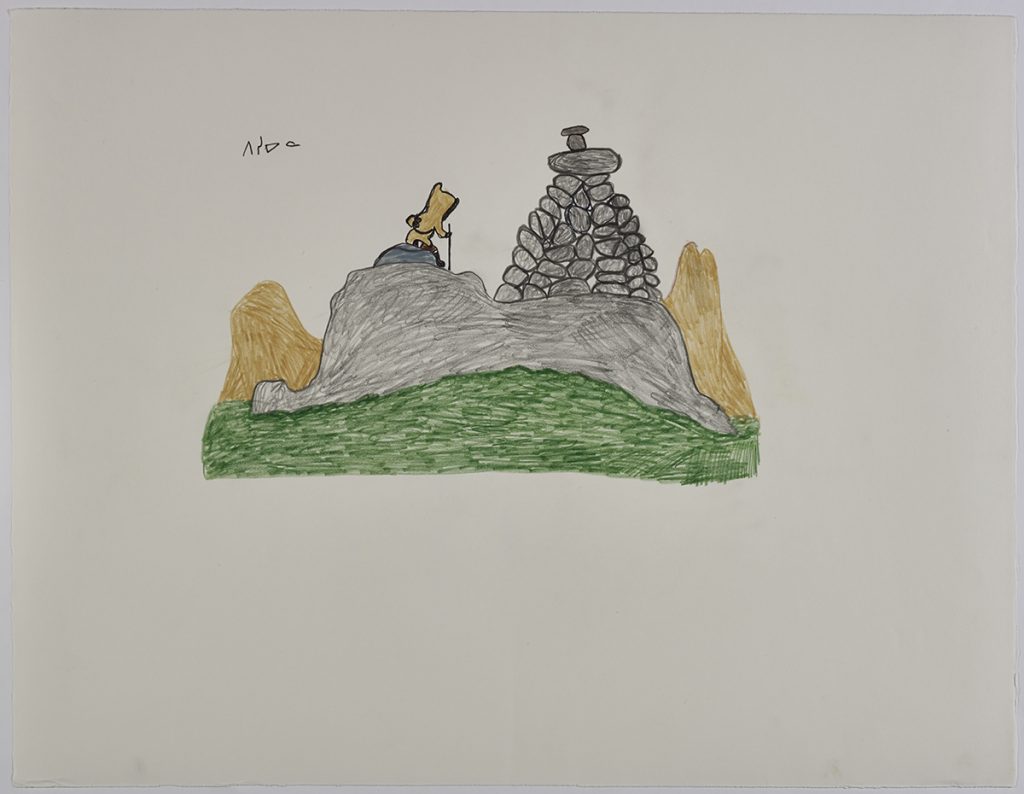 Imaginary landscape depicting one a small human figure with awalking stick sitting on a large round stone and facing a wide stone cairns made of many small rocks on top of a rugged hill. Scene presented in a two-dimensional style and using grey