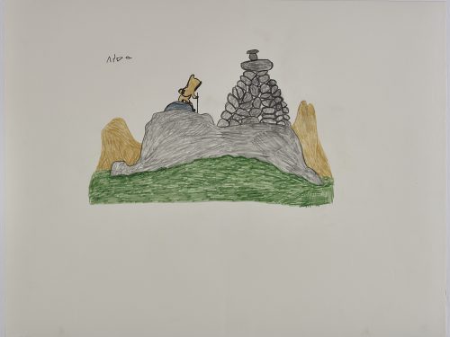 Imaginary landscape depicting one a small human figure with awalking stick sitting on a large round stone and facing a wide stone cairns made of many small rocks on top of a rugged hill. Scene presented in a two-dimensional style and using grey