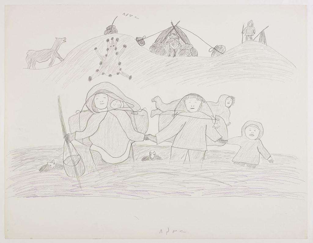 Deux Inuits adultes, trois enfants et deux chiens traversant une rivière, avec à l'arrière-plan un campement et deux autres adultes. Œuvre bidimensionnelle exécutée en gris et violet.