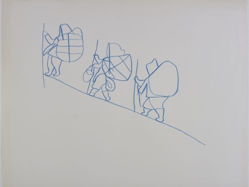 Line drawing depicting three humans climbing a hill. Presented in a two-dimensional style and using blue.