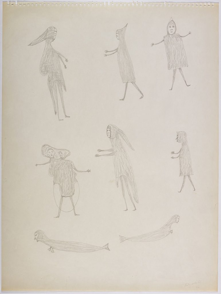 Scene depicting three tall Inuit along the top of the page