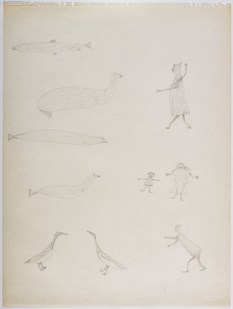 Un poisson, deux phoques, un narval et deux oies se faisant face sont représentés à gauche, et une figure lançant des pierres, deux danseurs et une figure dansant à droite. Œuvre bidimensionnelle exécutée en gris avec peu de détails.