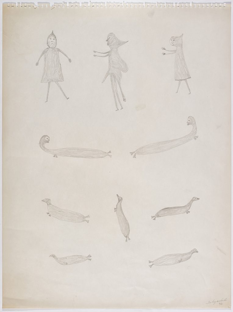 Scene depicting three humans standing at the top of the page with five seals and two long bodied seals beneath them on the bottom of the page. They are depicted in a flat