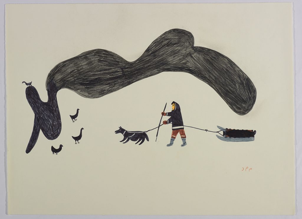 Four birds standing around a long dark shape and a man with a dog and sled walking towards the birds. Presented in a flattened vertical perspective style and using black