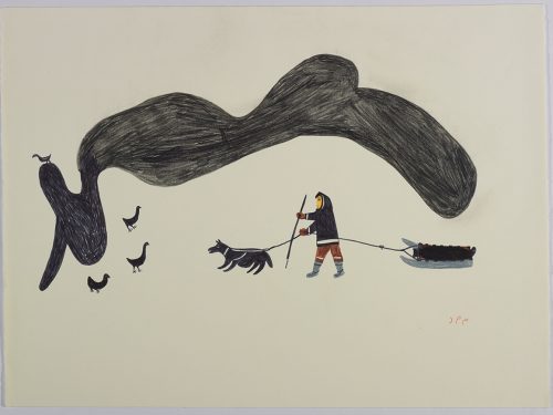 Four birds standing around a long dark shape and a man with a dog and sled walking towards the birds. Presented in a flattened vertical perspective style and using black