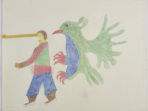 A large bird with its wings outstretched behind it behind a man who is facing the left. Presented in a two-dimensional style and using light green