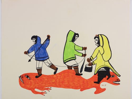 Three people hunting a long mythical creature with two faces that they are standing on. Presented in a flattened vertical perspective style and using orange