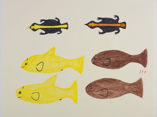 Quatre poissons, deux à gauche et deux à droite avec deux créatures imaginaires en haut. Œuvre bidimensionnelle exécutée en brun, aune, orange et noir.