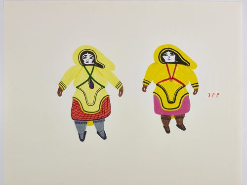 Two women standing beside each other facing the front. Presented in a two-dimensional style and using yellow