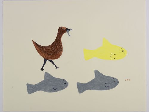 Three shark-like creatures and a bird with a fish in its mouth. Presented in a two-dimensional style and using grey