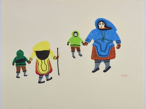 A woman holding a child's hand and a walking stick with their backs toward the front daving another woman holding a child's hand to the right. Presented in a two-dimensional style and using blue
