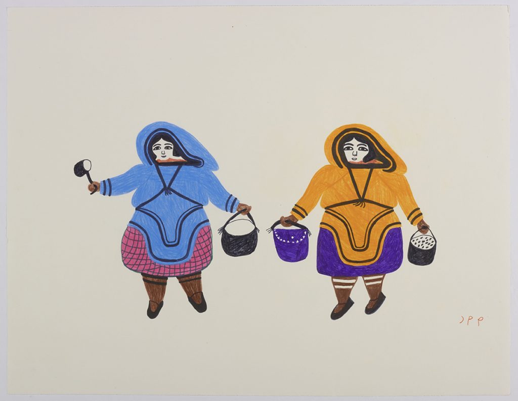 One women holding a bag and a hammer beside another woman holding a bag in each hand. Presented in a two-dimensional style and using orange