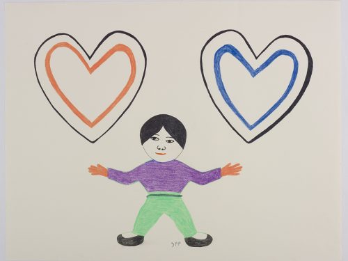 A girl with her arms outstretched and two heart shapes above her hands. Design presented in a two-dimensional style and using orange