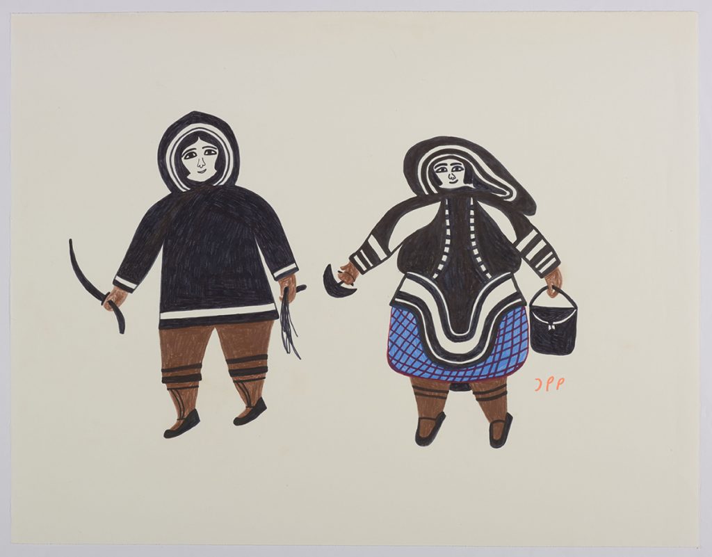 Two humans wearing traditional Inuit winter clothing and holding an ulu