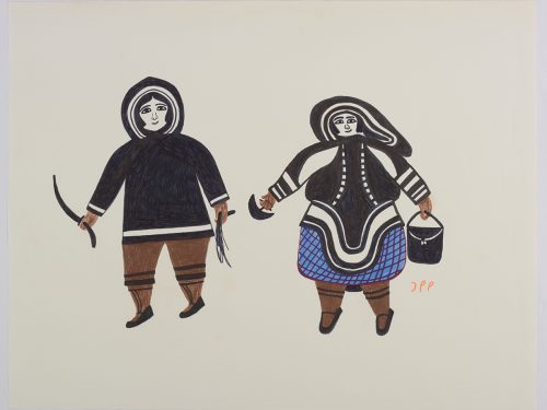 Two humans wearing traditional Inuit winter clothing and holding an ulu