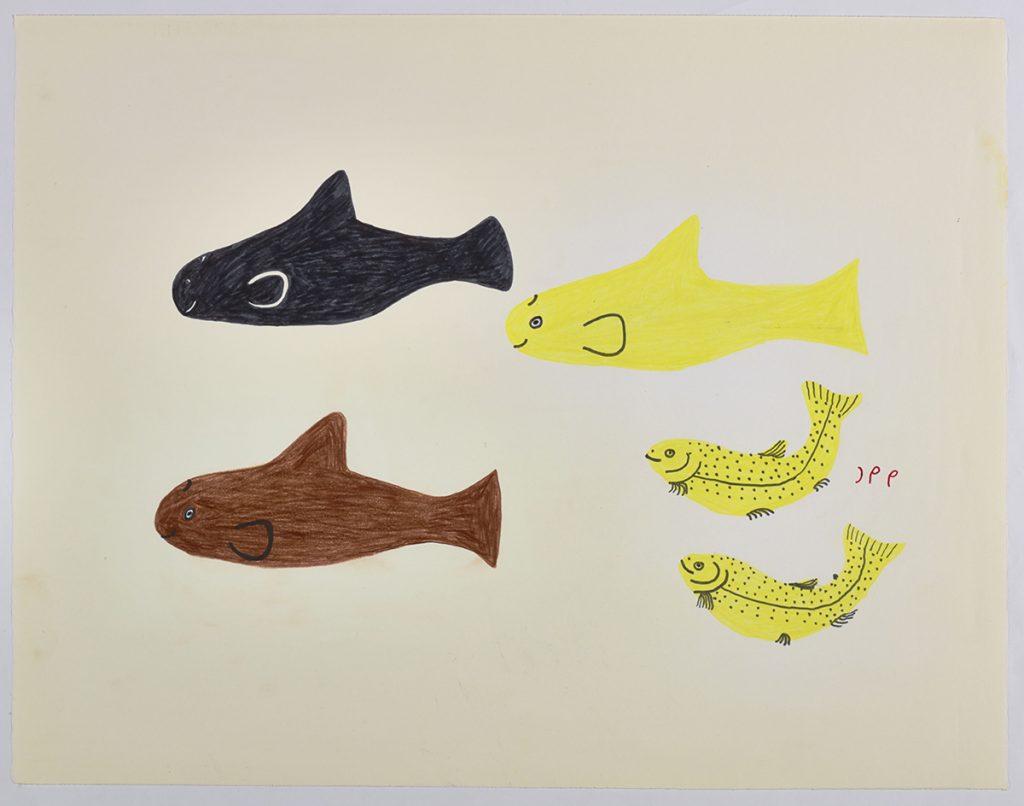 Five fish: three of them are big and two of the are small. Presented in a two-dimensional style and using yellow