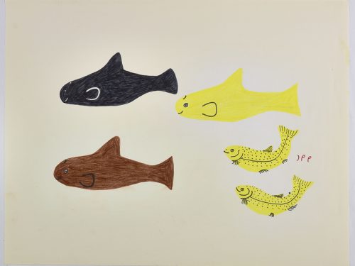 Five fish: three of them are big and two of the are small. Presented in a two-dimensional style and using yellow