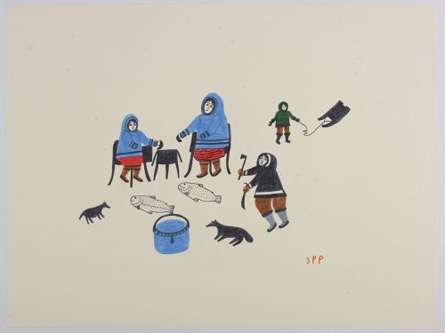 Four people about to eat fish with their dogs. Presented in a two-dimensional style and using blue