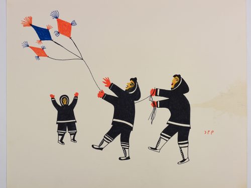 Two people playing with a kite and a third person is below the kite with their arms outstretched. Presented in a two-dimensional style and using black