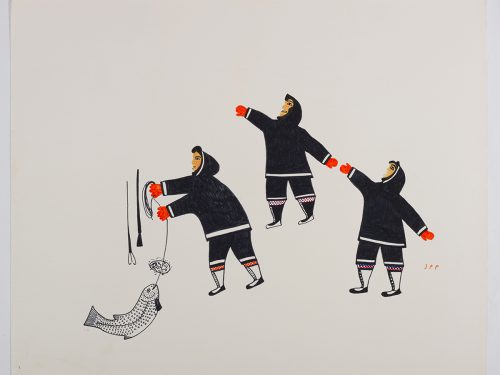 A man is pulling a fish out of afishing hole with a rope and two other people with their arms outstretched are standing to the right. Presented in a two-dimensional style and using black and orange.