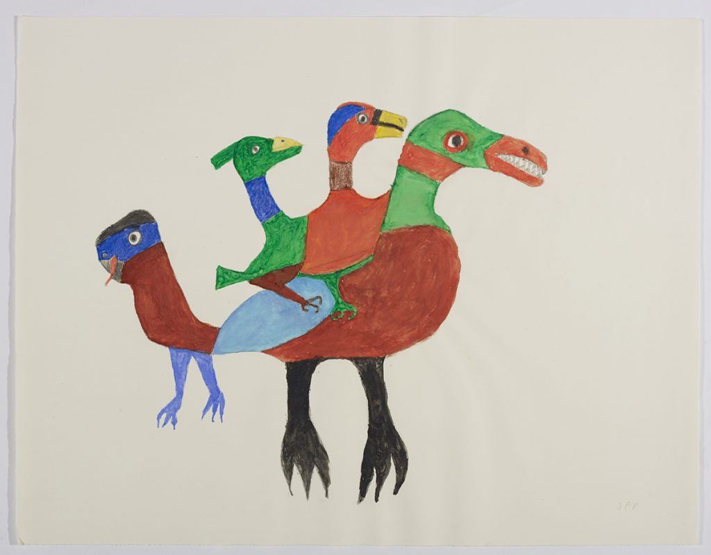 A large bird with three smaller birds on its back. They all have colourful necks. Presented in a two-dimensional style and using black