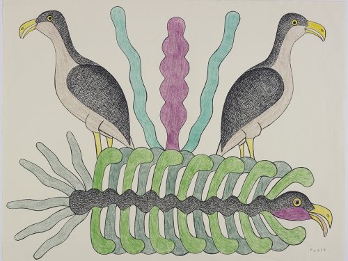 Two birds facing away from each other and a snake-like creature with a bird head and stylized