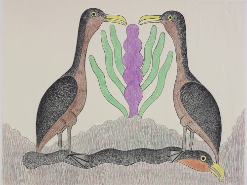 Two birds facing each other standing on a snake-like creature with a bird's beak in a stylized