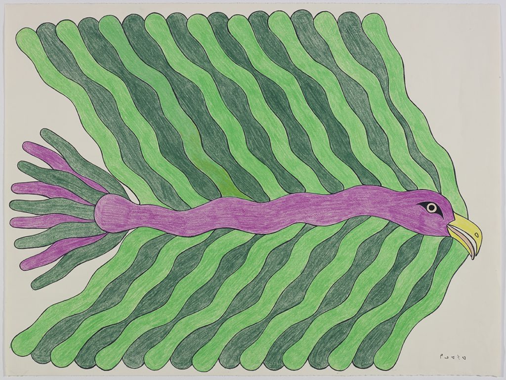 Créature mi-oiseau, mi-serpent avec de nombreuses lignes vertes ondulées de chaque côté de son corps. Œuvre bidimensionnelle exécutée en vert, violet et jaune.