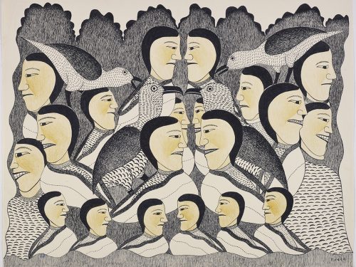 Symmetrical design depicting twenty Inuit women faces coming out of their amautiks and four birds with an abstract background. Design presented in a two-dimensional style and using black