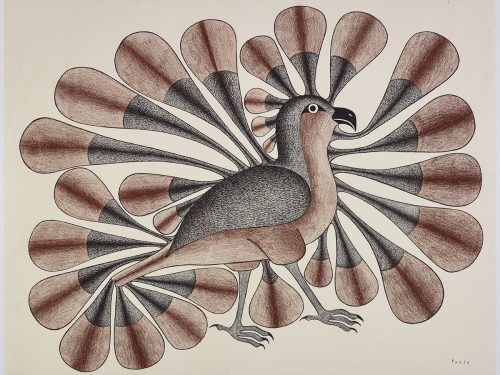 Imaginary bird shown with twenty-seven long stylized feathers coming out from all around its body. Figure presented in a two-dimensional style and using brown and black.