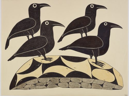 Scene depicting four birds facing the right standing on an abstract patterend ground. Presented in a two-dimensional style and using black and brown.