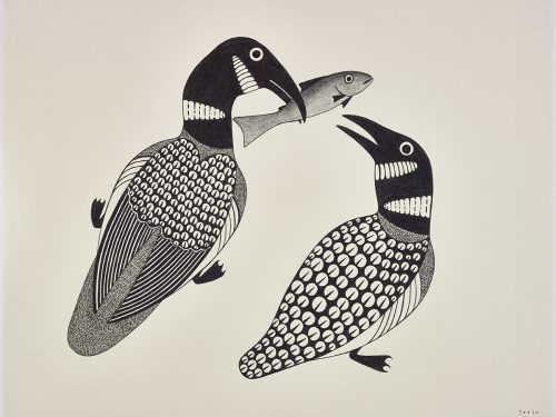 Scene depicting two stylized loons